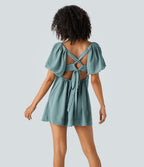 Backless Lace Up Square Neck Puff Sleeve Side Pocket Casual Linen-Feel Babydoll Dress — Morning Dew Green — view 1