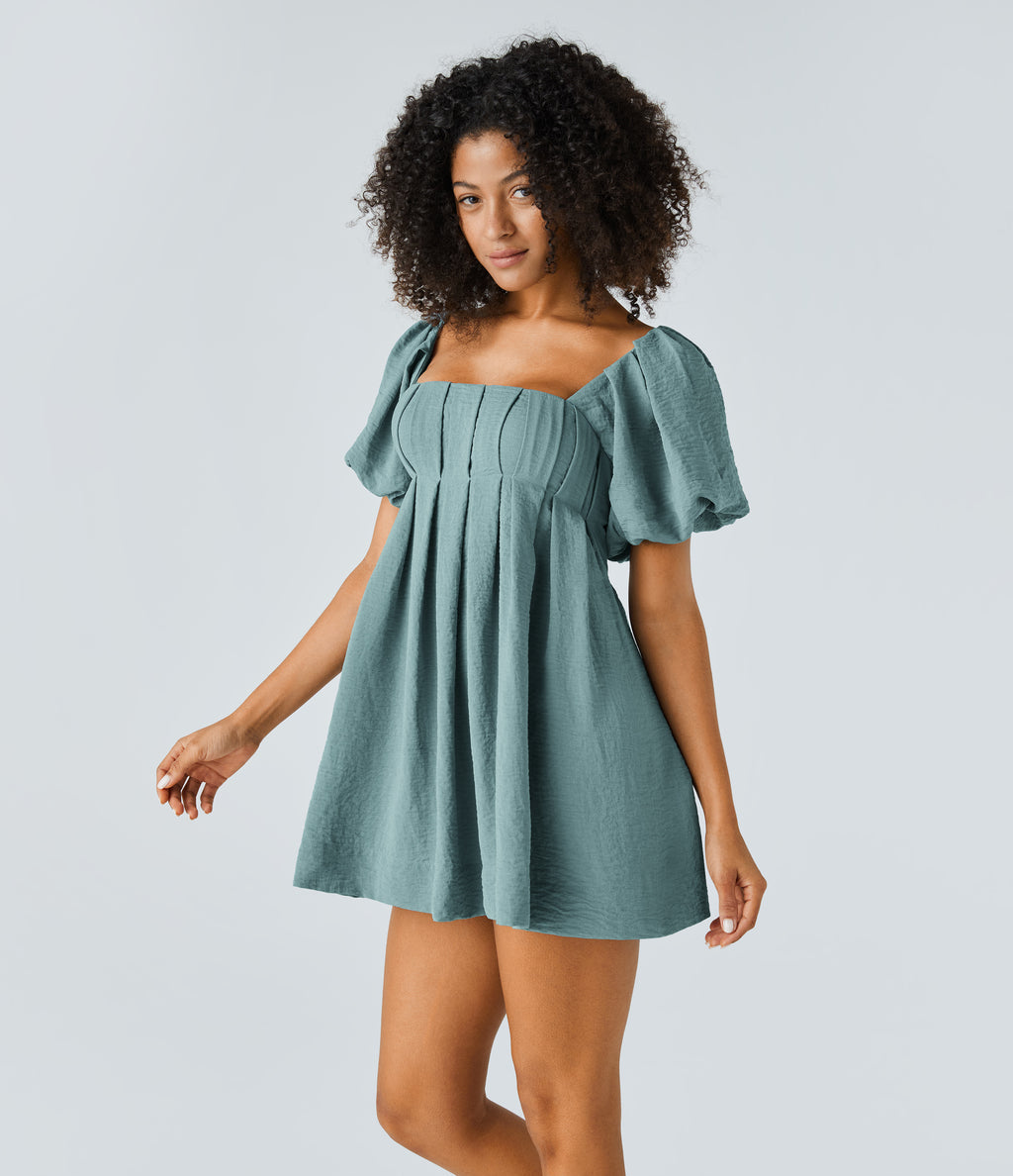 Backless Lace Up Square Neck Puff Sleeve Side Pocket Casual Linen-Feel Babydoll Dress — Morning Dew Green — view 3