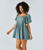 Backless Lace Up Square Neck Puff Sleeve Side Pocket Casual Linen-Feel Babydoll Dress — Morning Dew Green — view 3