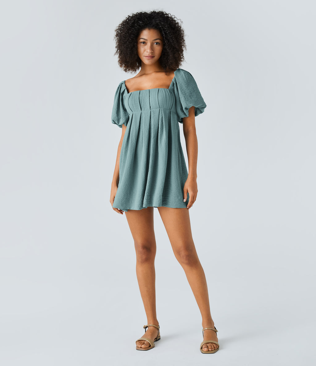 Backless Lace Up Square Neck Puff Sleeve Side Pocket Casual Linen-Feel Babydoll Dress — Morning Dew Green — view 7