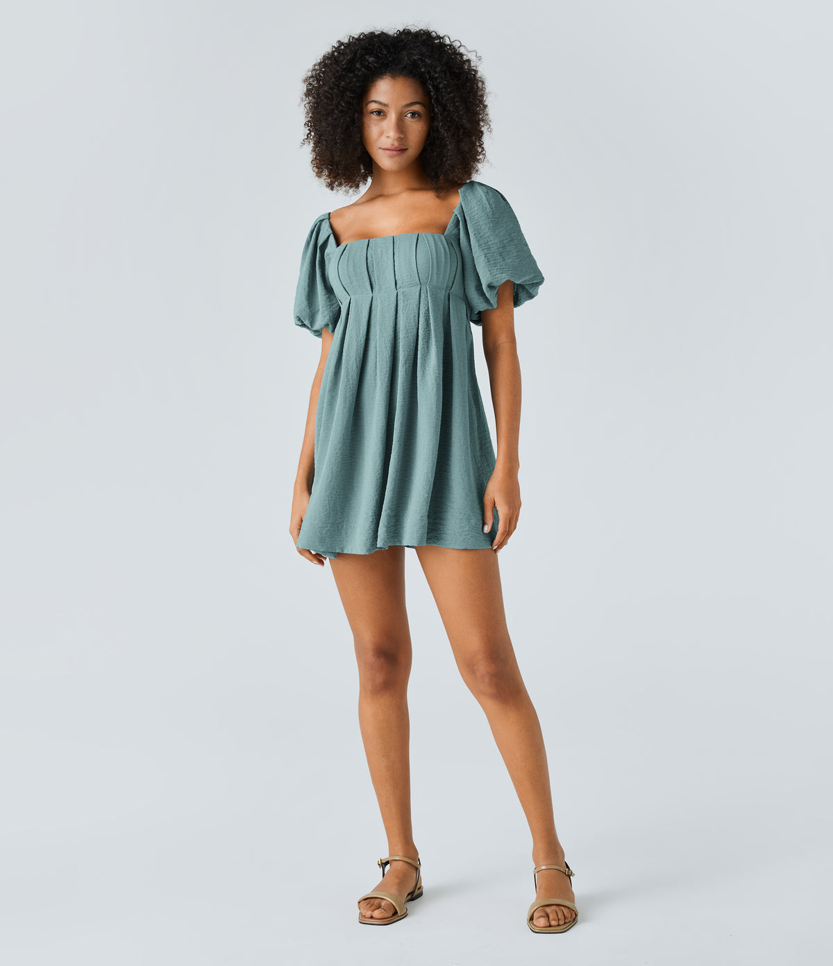 Backless Lace Up Square Neck Puff Sleeve Side Pocket Casual Linen-Feel Babydoll Dress — Morning Dew Green — view 7