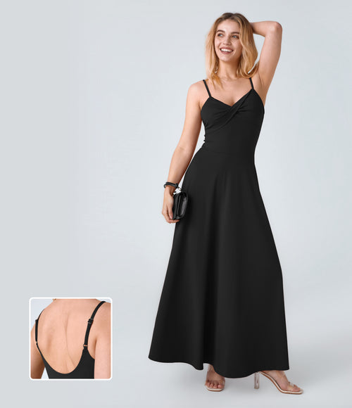 Adjustable Strap U Back Backless Twisted Flare Flowy Maxi Slip Resort Dress — Black — view 1
