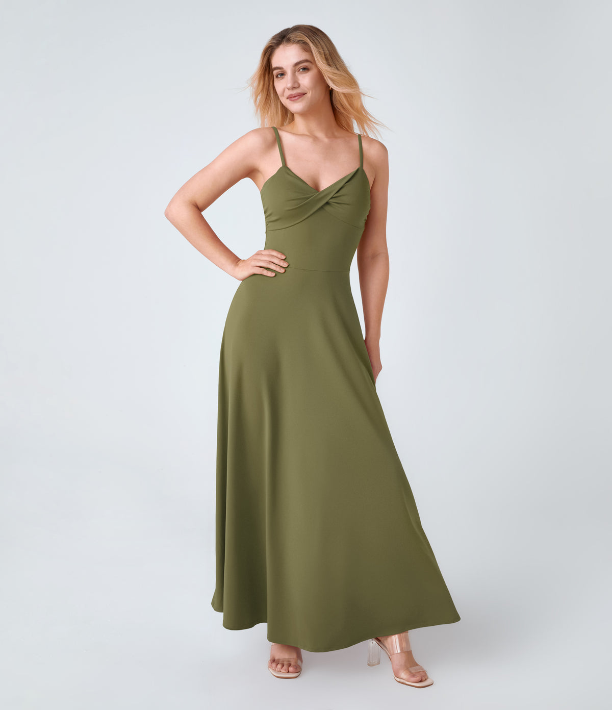 Adjustable Strap U Back Backless Twisted Flare Flowy Maxi Slip Resort Dress — Capulet Olive — view 8