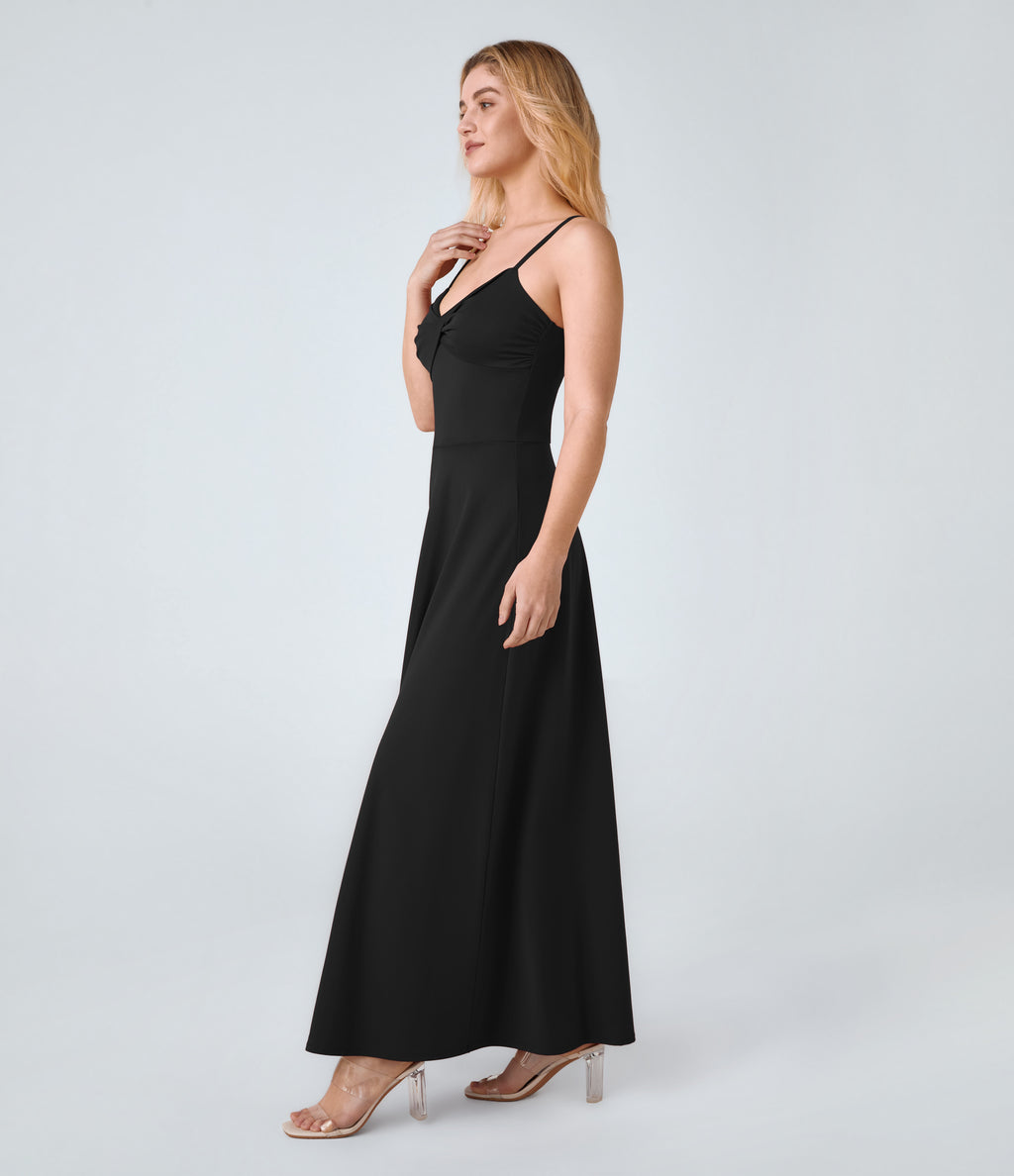Adjustable Strap U Back Backless Twisted Flare Flowy Maxi Slip Resort Dress — Black — view 3