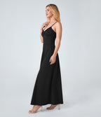 Adjustable Strap U Back Backless Twisted Flare Flowy Maxi Slip Resort Dress — Black — view 3