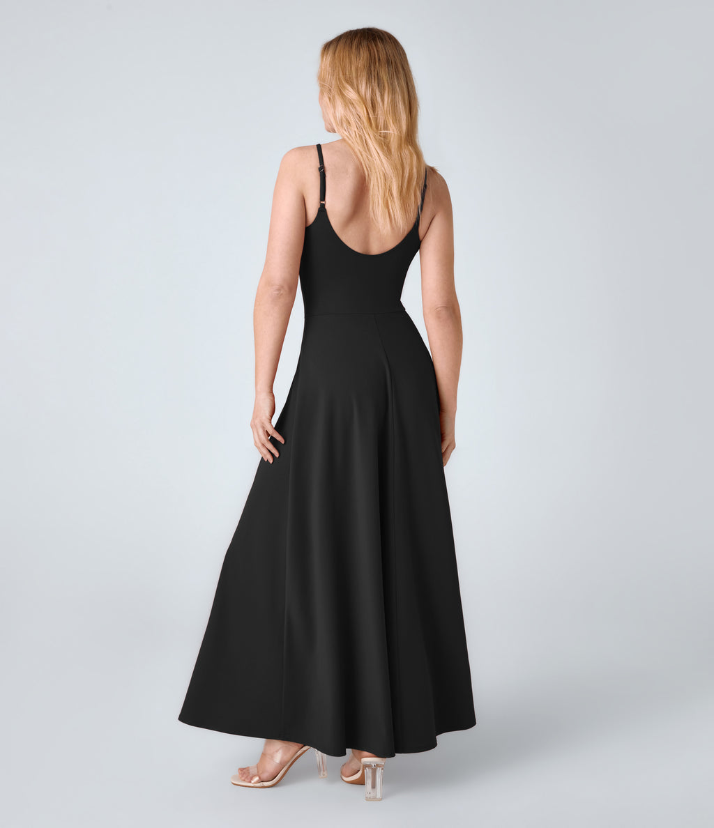 Adjustable Strap U Back Backless Twisted Flare Flowy Maxi Slip Resort Dress — Black — view 2