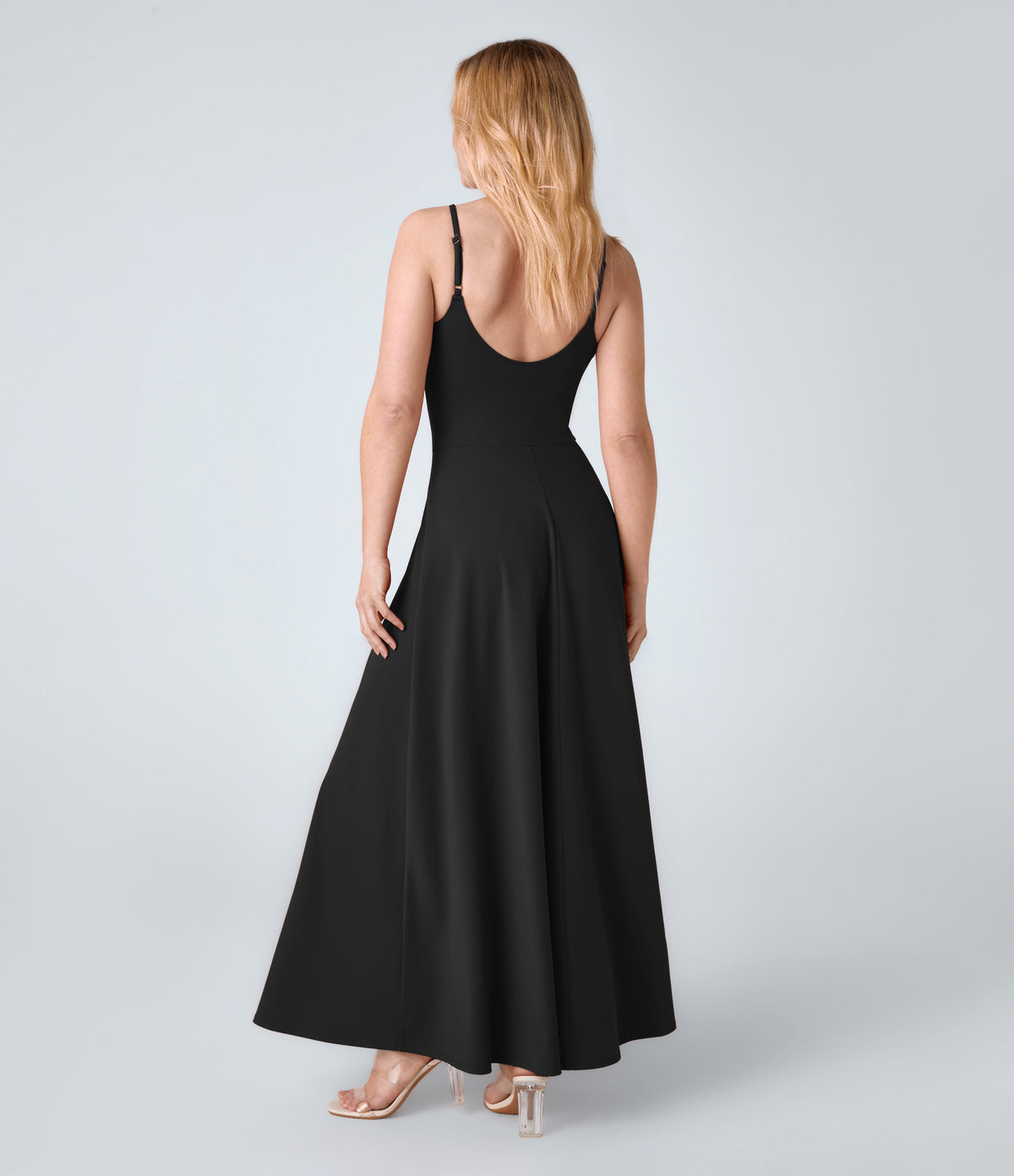 Adjustable Strap U Back Backless Twisted Flare Flowy Maxi Slip Resort Dress — Black — view 2