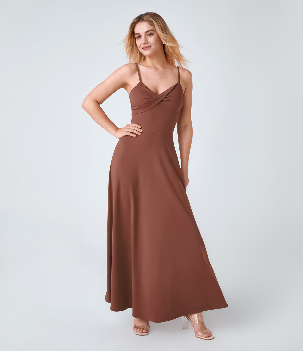 Adjustable Strap U Back Backless Twisted Flare Flowy Maxi Slip Resort Dress — Maple Syrup — view 9