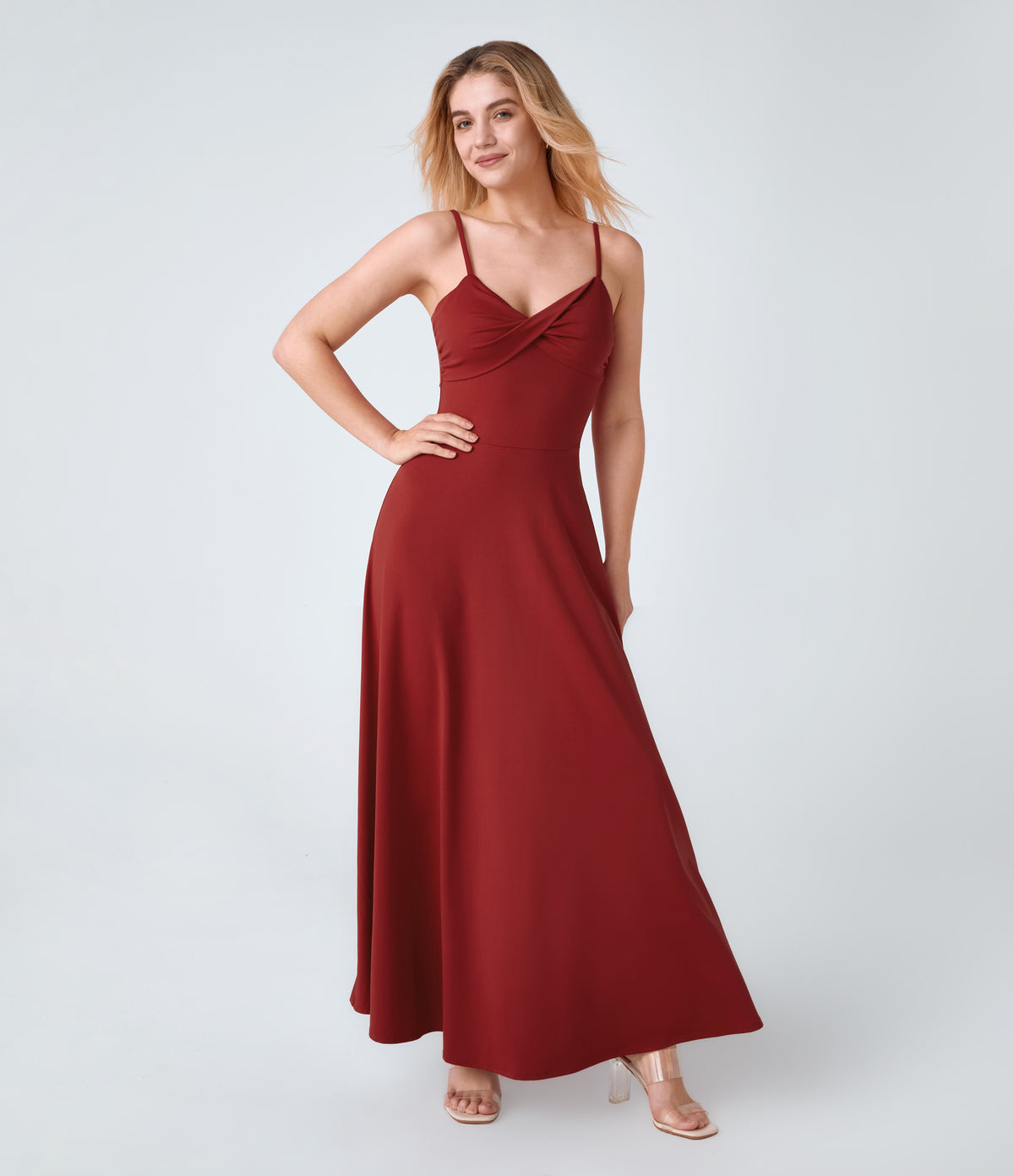 Adjustable Strap U Back Backless Twisted Flare Flowy Maxi Slip Resort Dress — Emboldened — view 10