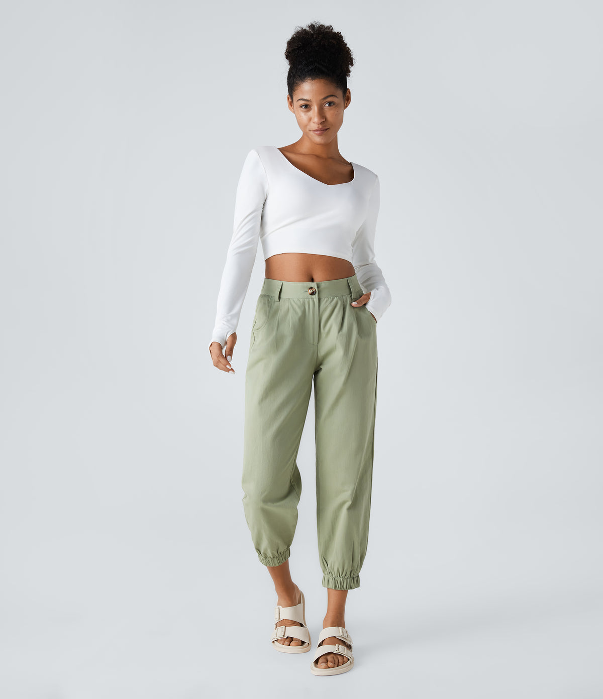 Mid Rise Casual Joggers with Pockets — Laurel Green — view 6