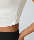 Round Neck Ruched Skinny Cropped Casual Tank Vest Top — White — view 4