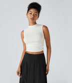 Round Neck Ruched Skinny Cropped Casual Tank Vest Top — White — view 1