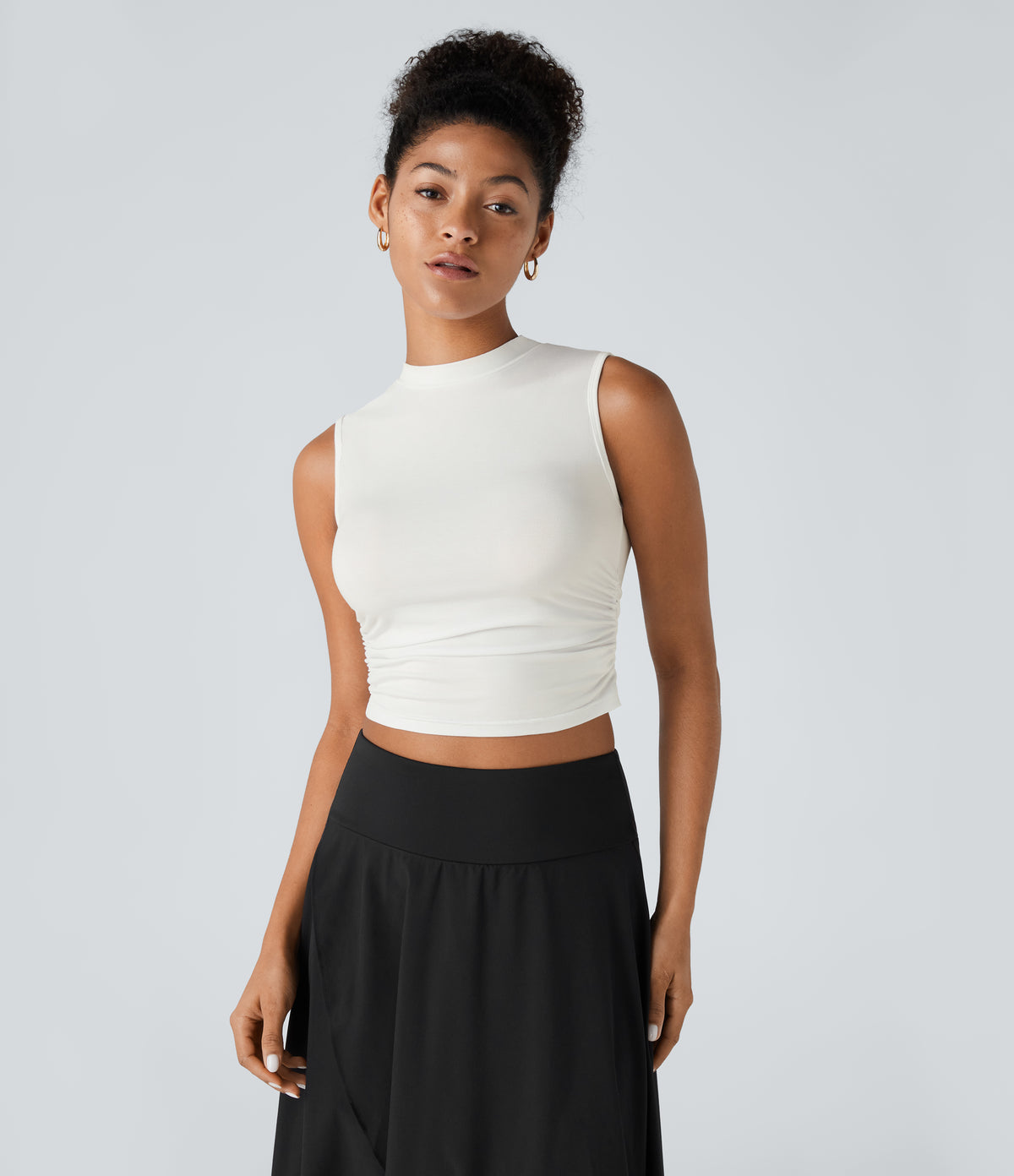 Round Neck Ruched Skinny Cropped Casual Tank Vest Top — White — view 1