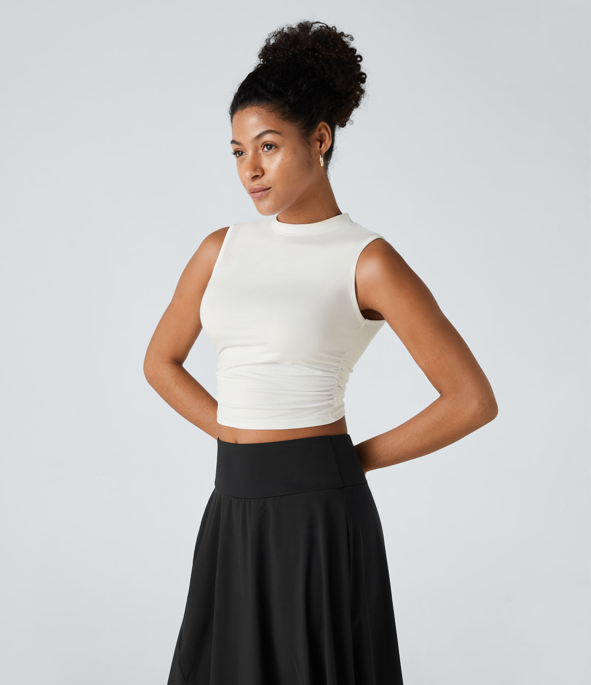 Round Neck Ruched Skinny Cropped Casual Tank Vest Top — White — view 3