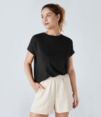 Round Neck Chest Pocket Split Hem Relax Casual T-Shirt — Black — view 1