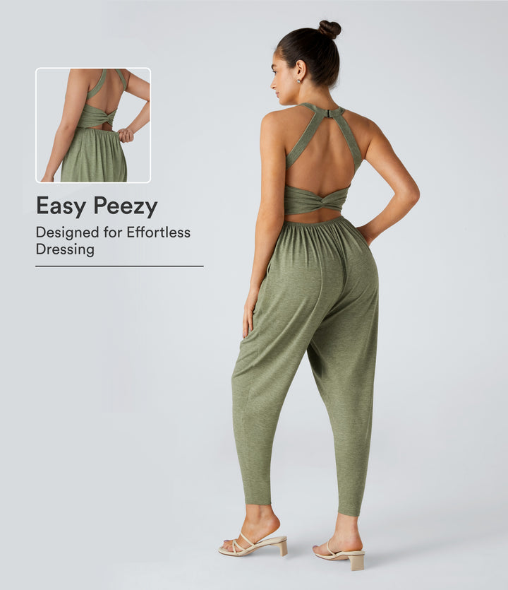 U Neck Pocket Harem Casual Jumpsuit-Edition — Light Green Floral Yarn — view 1