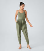 U Neck Pocket Harem Casual Jumpsuit-Edition — Light Green Floral Yarn — view 2