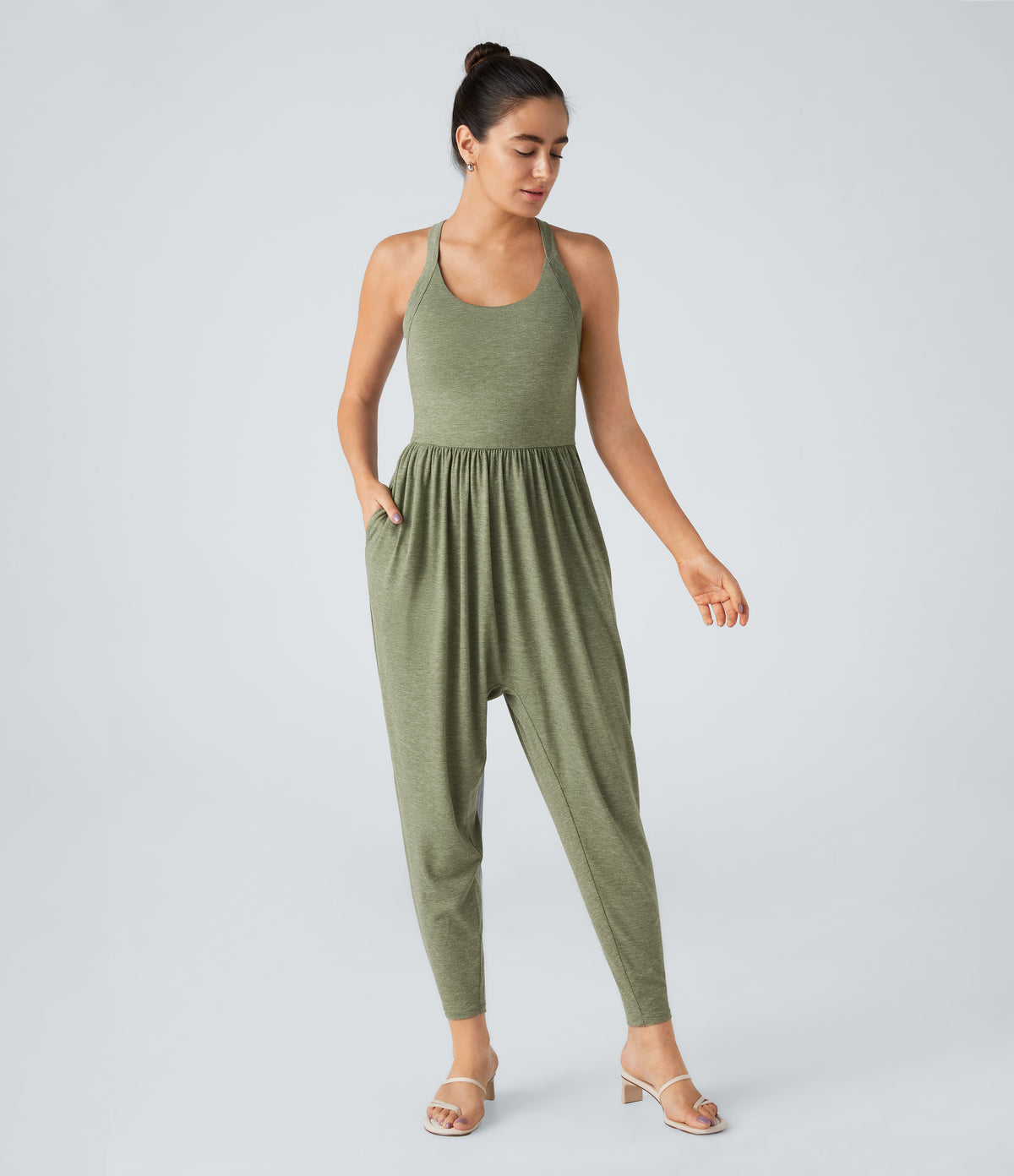 U Neck Pocket Harem Casual Jumpsuit-Edition — Light Green Floral Yarn — view 2