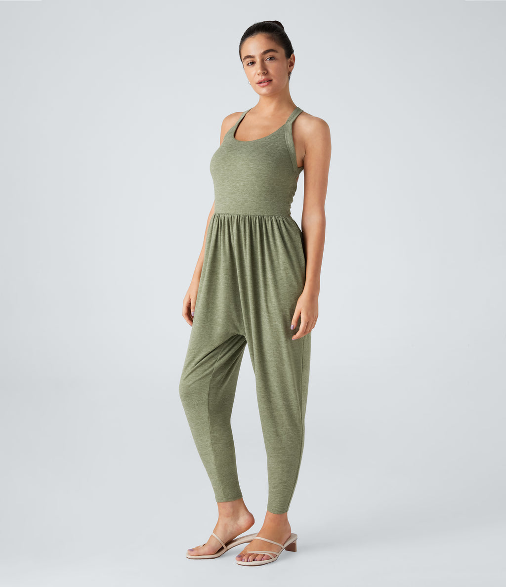U Neck Pocket Harem Casual Jumpsuit-Edition — Light Green Floral Yarn — view 3