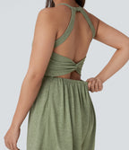U Neck Pocket Harem Casual Jumpsuit-Edition — Light Green Floral Yarn — view 4