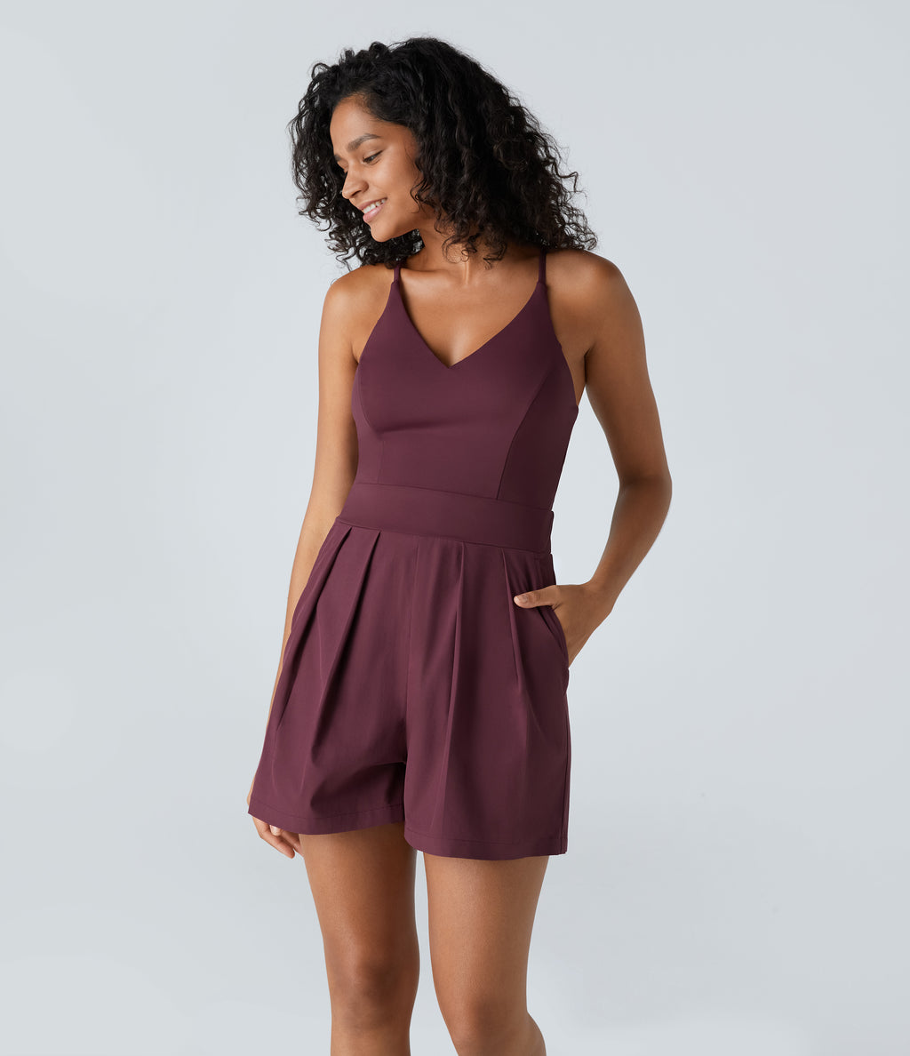 Backless Side Invisible Zipper Pocket Quick Dry Resort Slip Playsuit — Amaranth — view 1