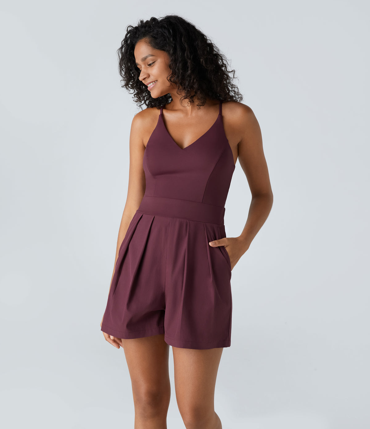 Backless Side Invisible Zipper Pocket Quick Dry Resort Slip Playsuit — Amaranth — view 1