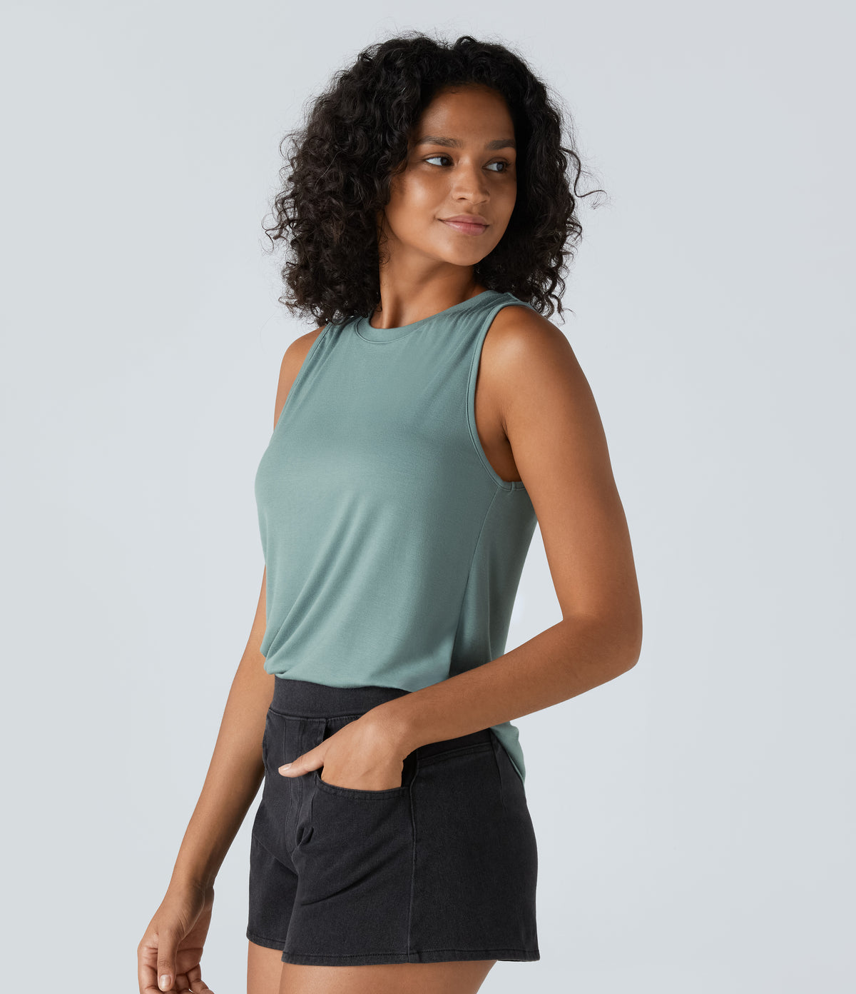 Ribbed Round Neck Basic Casual Tank Vest Top — Clear Green — view 3