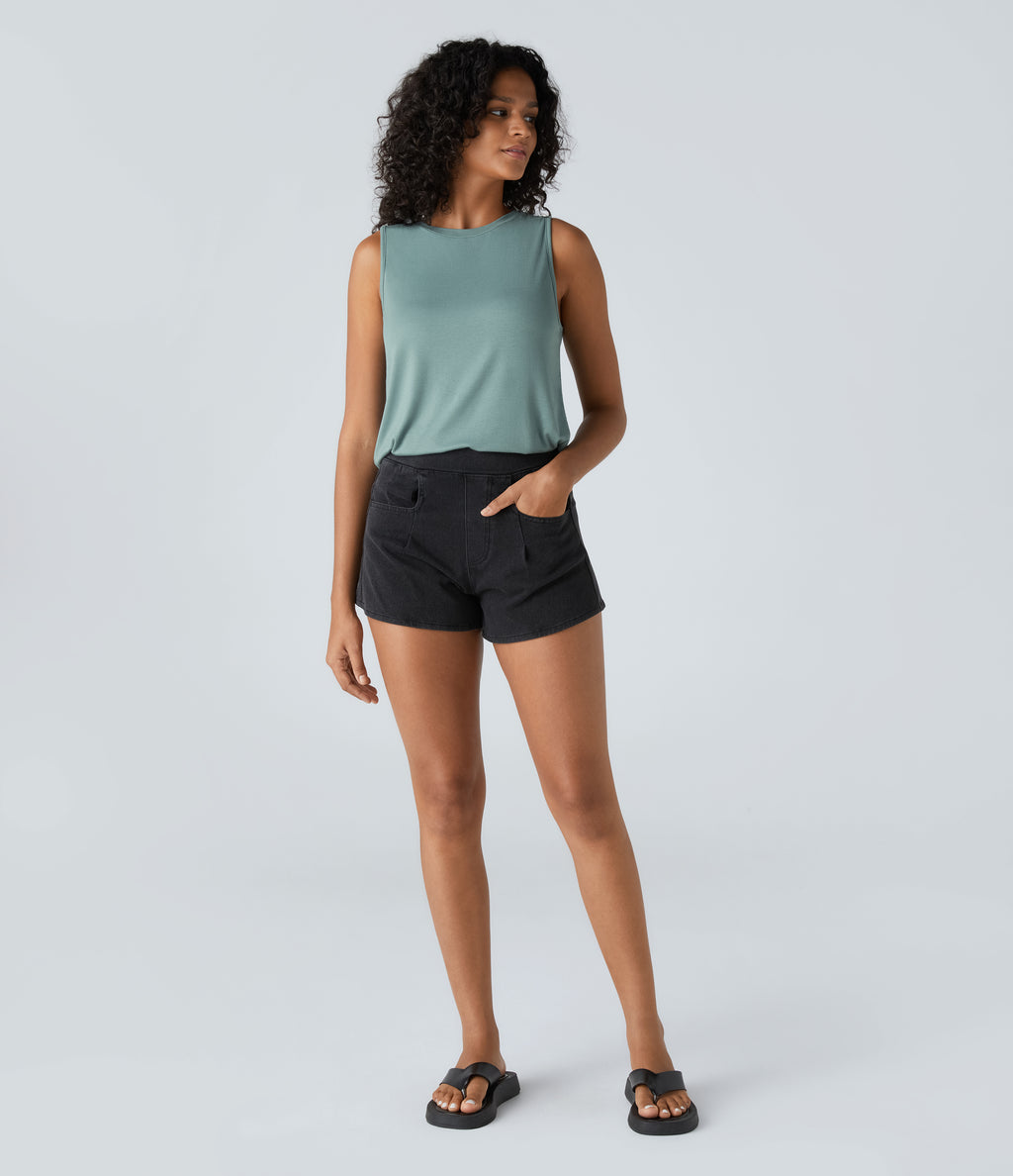 Ribbed Round Neck Basic Casual Tank Vest Top — Clear Green — view 6