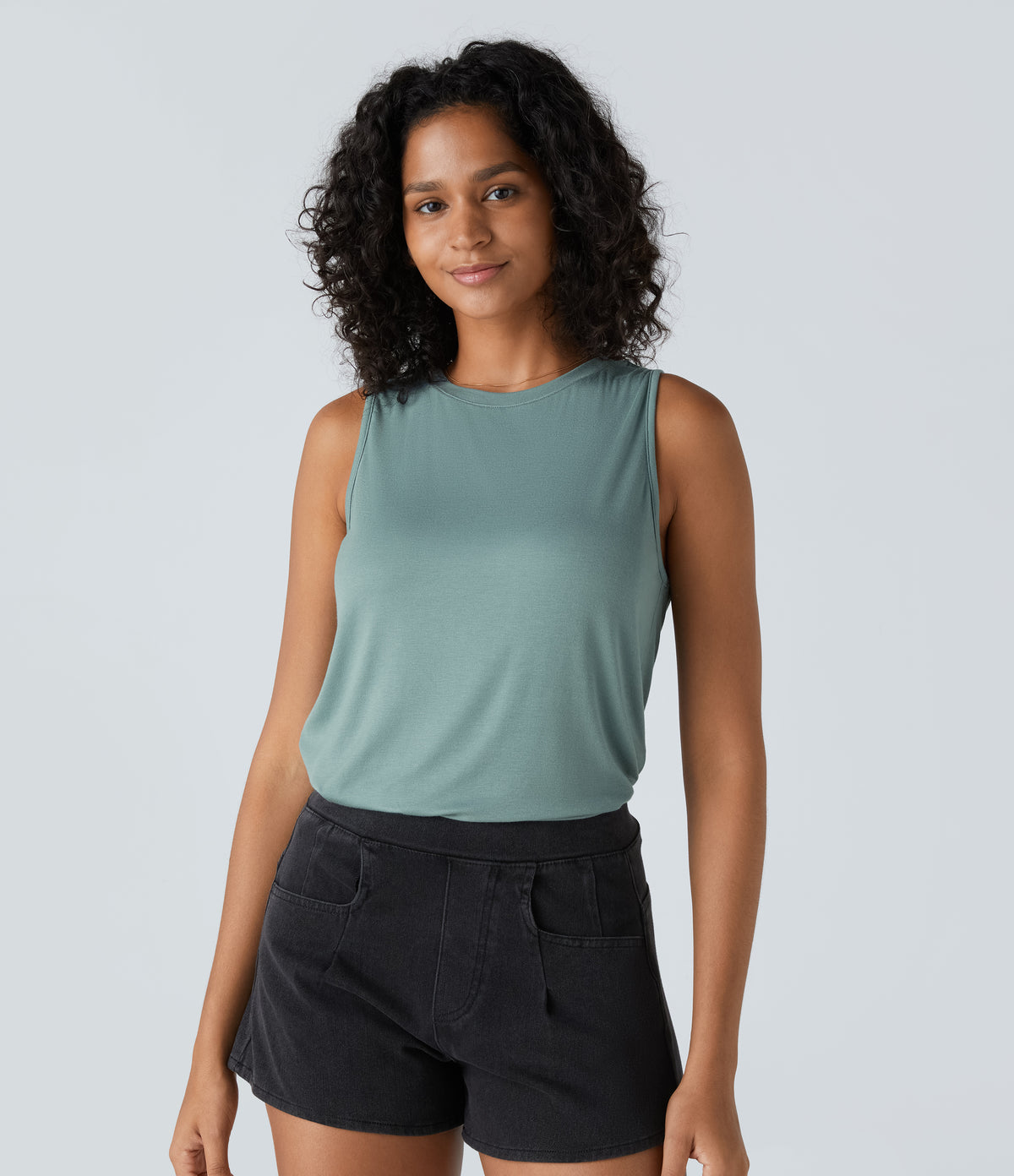 Ribbed Round Neck Basic Casual Tank Vest Top — Clear Green — view 5