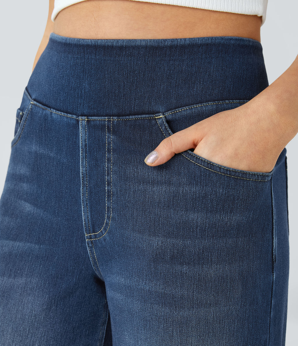 High Waisted Pockets Baggy Wide Leg Washed Casual Jeans — Frost Blue Denim — view 5