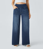 High Waisted Pockets Baggy Wide Leg Washed Casual Jeans — Frost Blue Denim — view 1