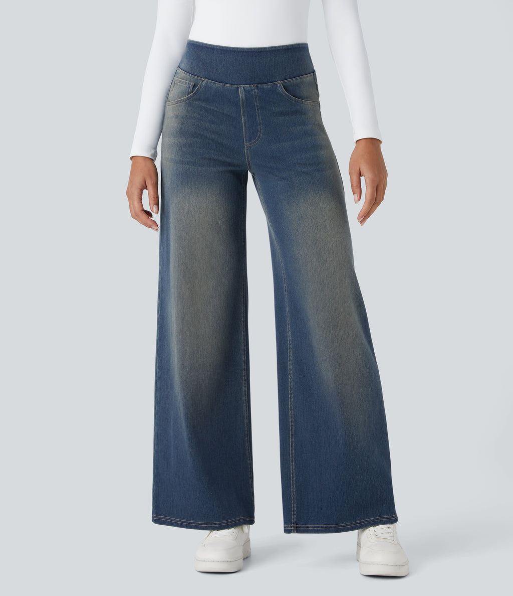 High Waisted Pockets Baggy Wide Leg Washed Casual Jeans — Cement Blue Denim — view 16