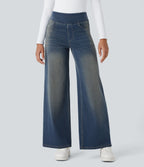 High Waisted Pockets Baggy Wide Leg Washed Casual Jeans — Cement Blue Denim — view 16