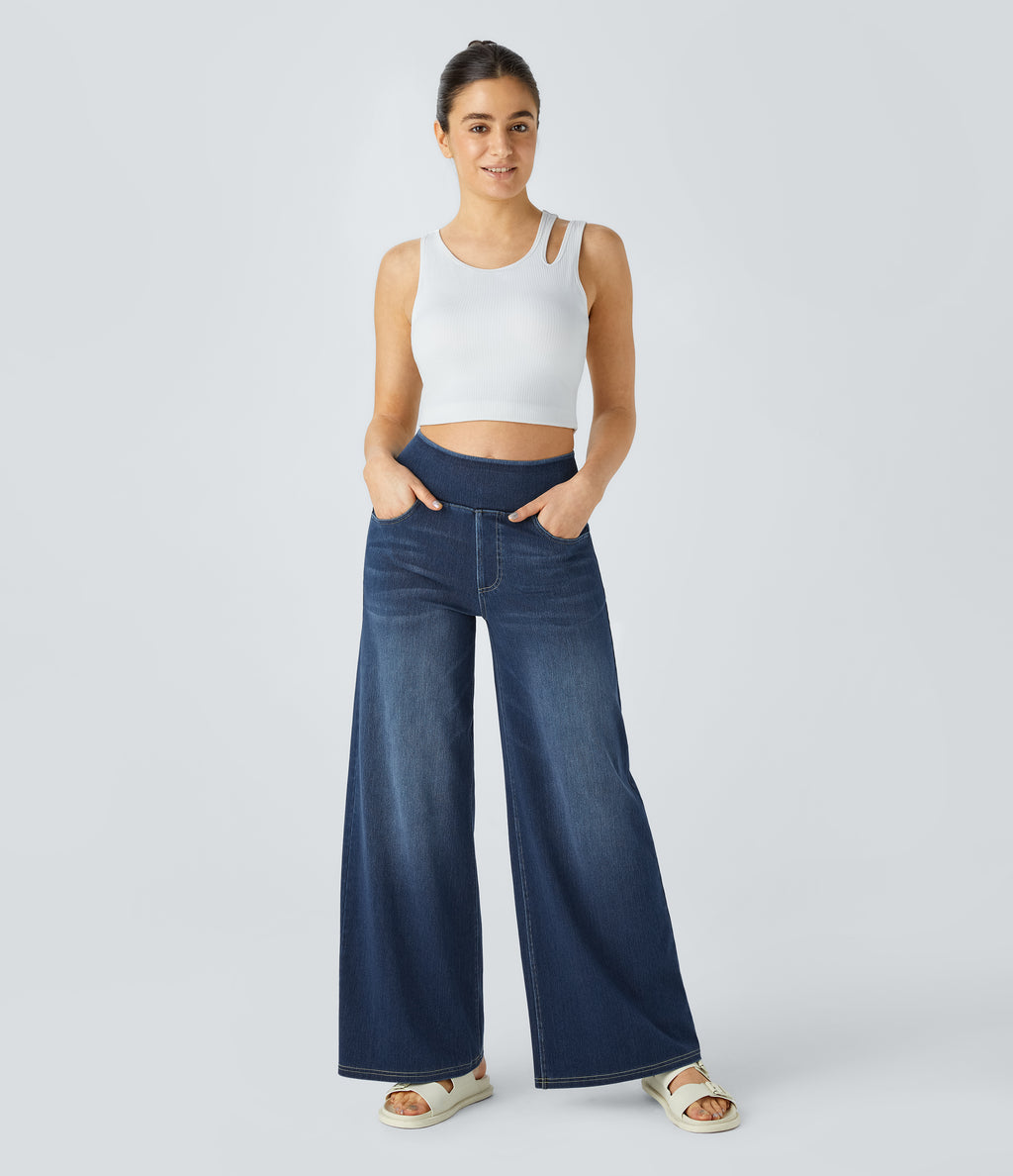 High Waisted Pockets Baggy Wide Leg Washed Casual Jeans — Frost Blue Denim — view 2