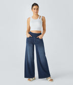 High Waisted Pockets Baggy Wide Leg Washed Casual Jeans — Frost Blue Denim — view 2