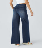 High Waisted Pockets Baggy Wide Leg Washed Casual Jeans — Frost Blue Denim — view 3