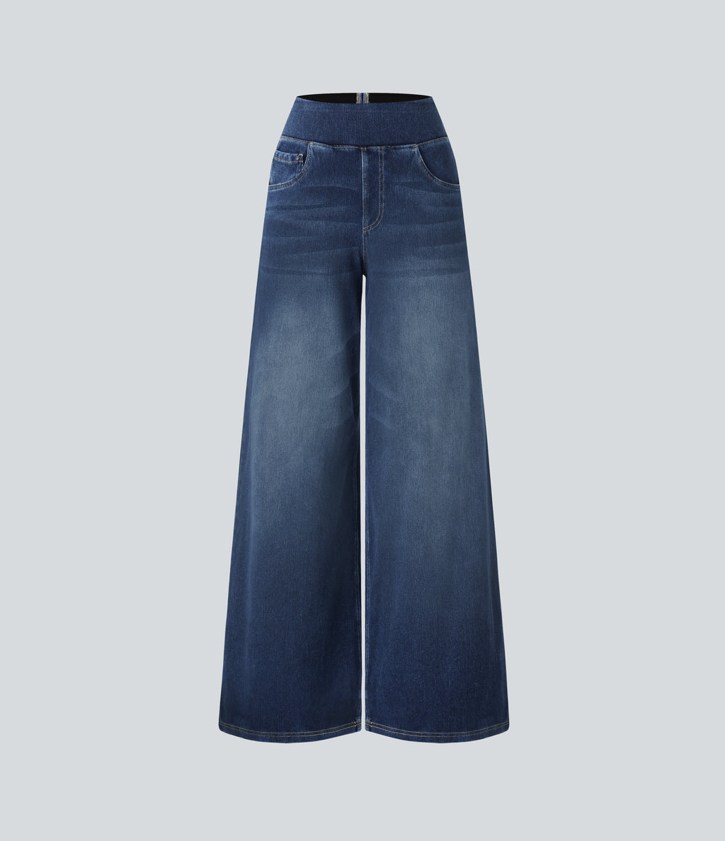 High Waisted Pockets Baggy Wide Leg Washed Casual Jeans — Frost Blue Denim — view 7