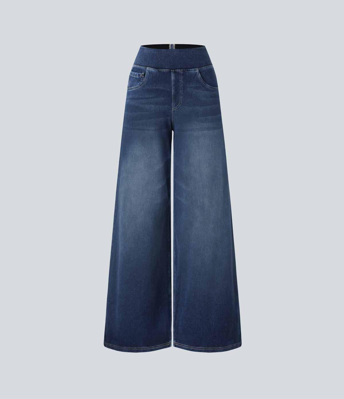High Waisted Pockets Baggy Wide Leg Washed Casual Jeans — Frost Blue Denim — view 7