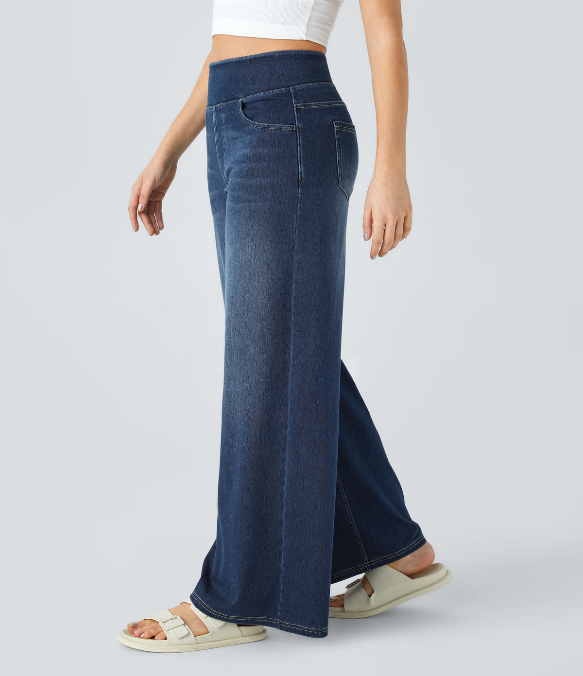High Waisted Pockets Baggy Wide Leg Washed Casual Jeans — Frost Blue Denim — view 4