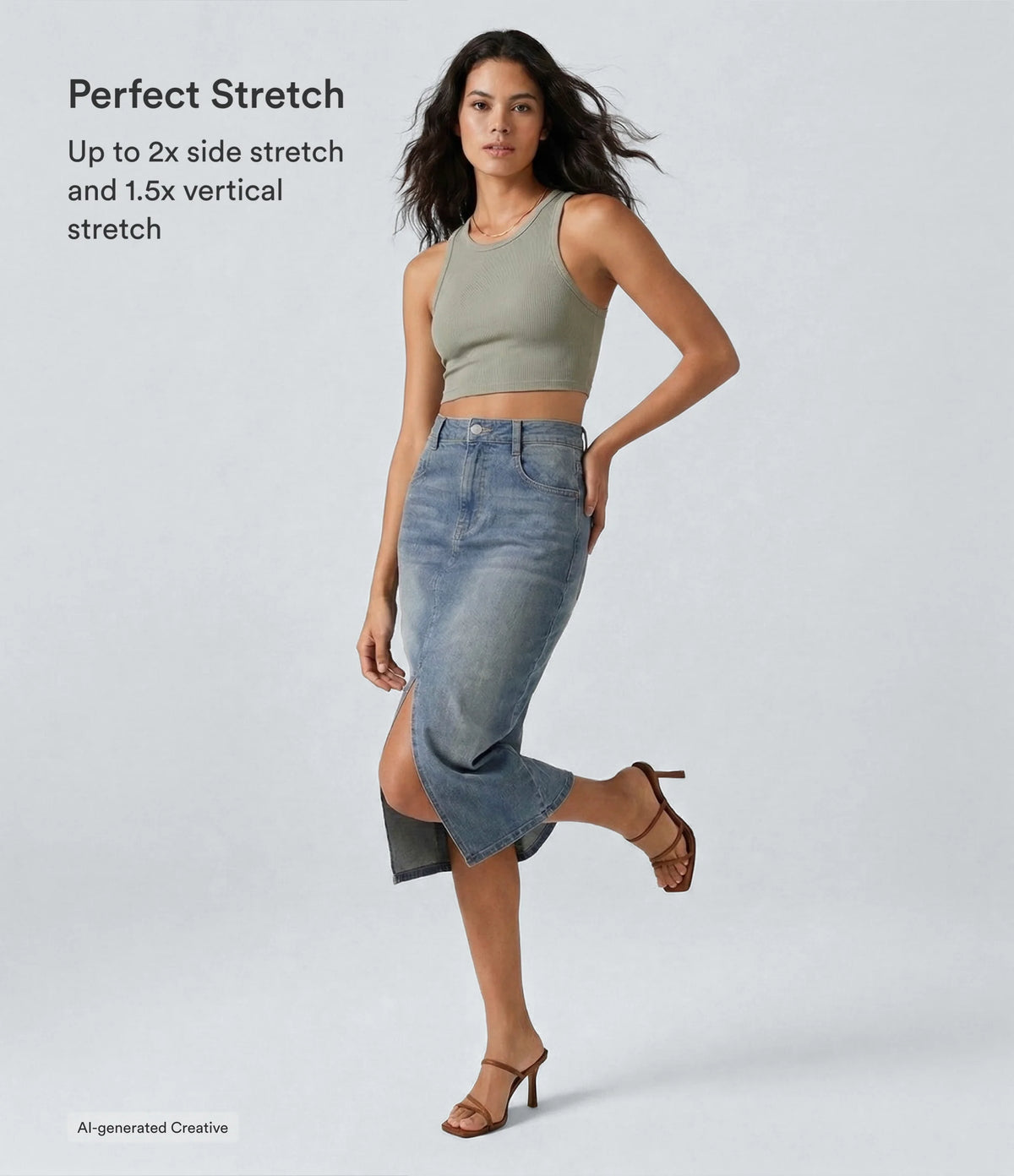 High Waisted Pockets Bodycon Washed Denim Casual Midi Skirt — Blue Gray Denim — view 4