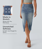 High Waisted Pockets Bodycon Washed Denim Casual Midi Skirt — Blue Gray Denim — view 1