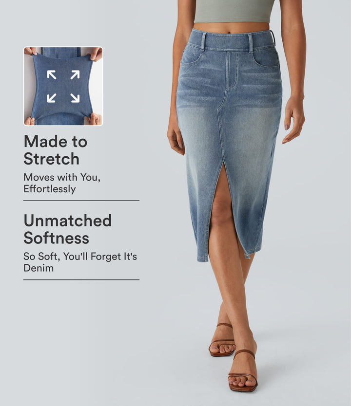 High Waisted Pockets Bodycon Washed Denim Casual Midi Skirt — Blue Gray Denim — view 1