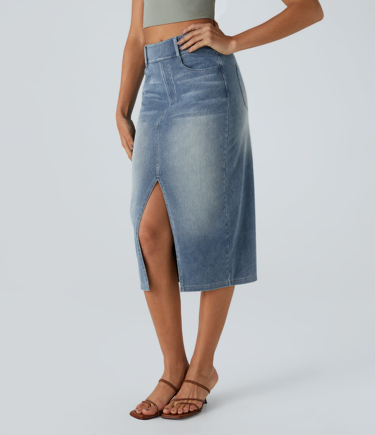 High Waisted Pockets Bodycon Washed Denim Casual Midi Skirt — Blue Gray Denim — view 3