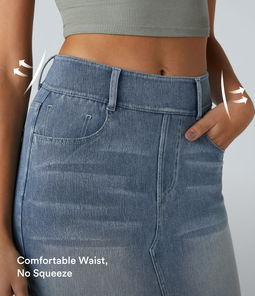 High Waisted Pockets Bodycon Washed Denim Casual Midi Skirt — Blue Gray Denim — view 7