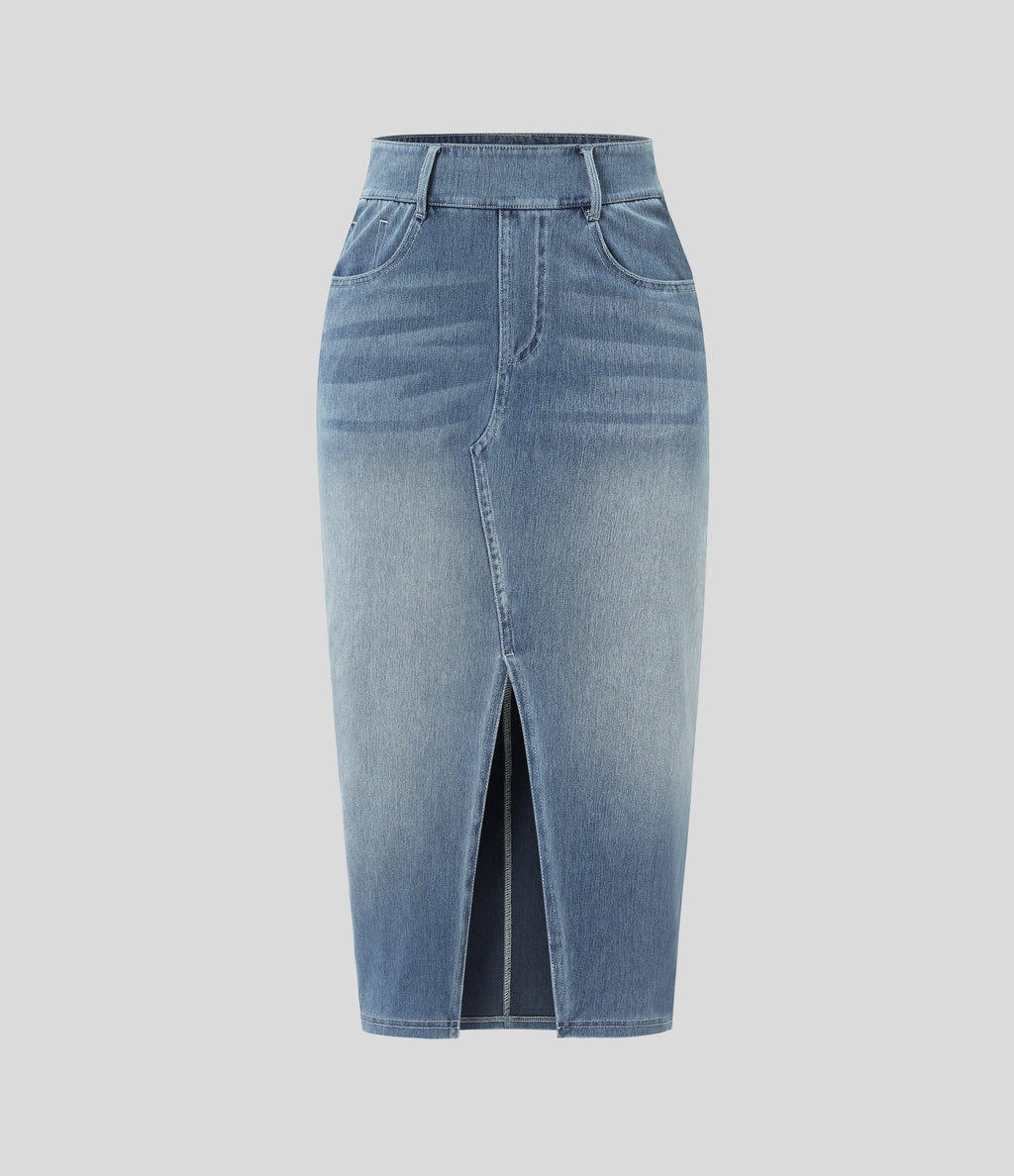 High Waisted Pockets Bodycon Washed Denim Casual Midi Skirt — Blue Gray Denim — view 8