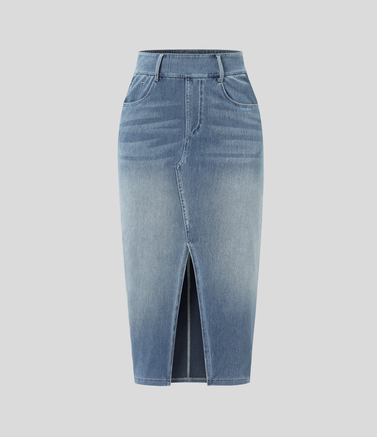 High Waisted Pockets Bodycon Washed Denim Casual Midi Skirt — Blue Gray Denim — view 8