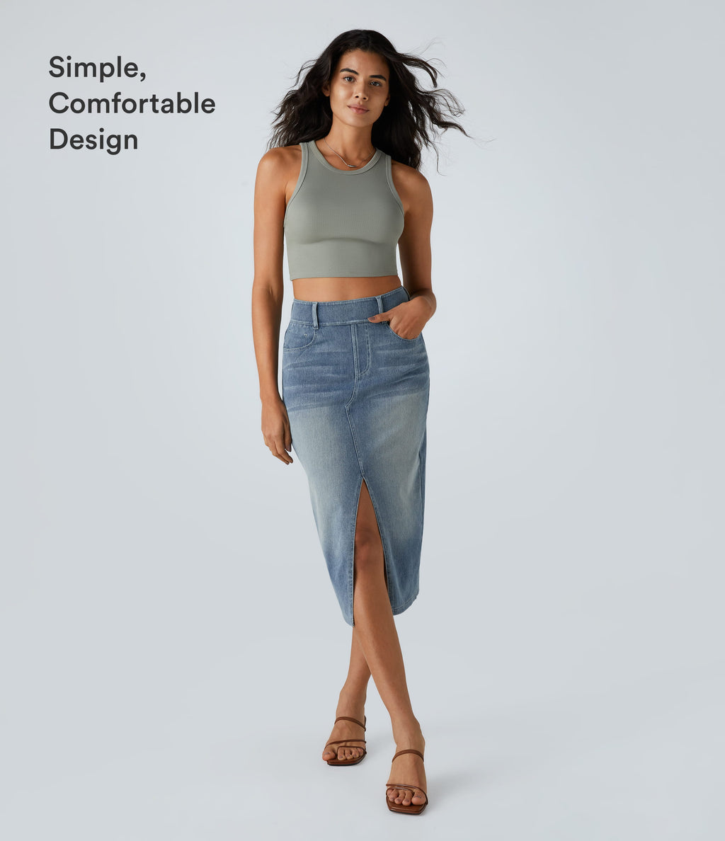 High Waisted Pockets Bodycon Washed Denim Casual Midi Skirt — Blue Gray Denim — view 6