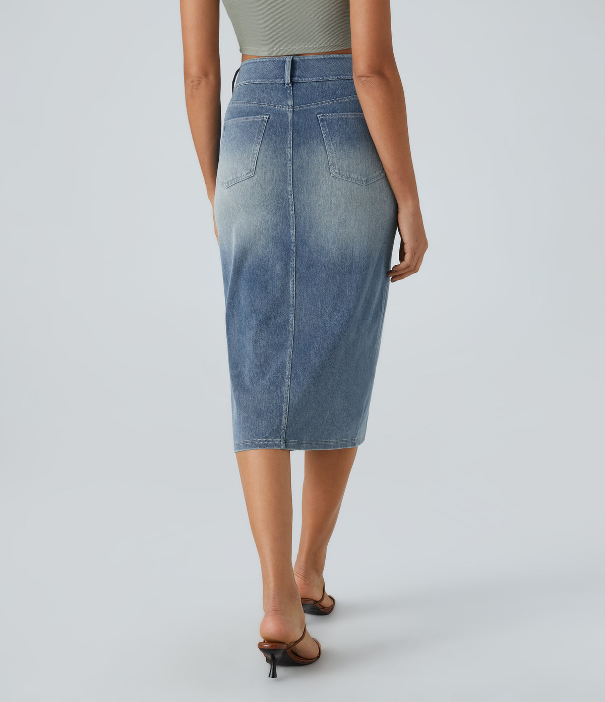 High Waisted Pockets Bodycon Washed Denim Casual Midi Skirt — Blue Gray Denim — view 2