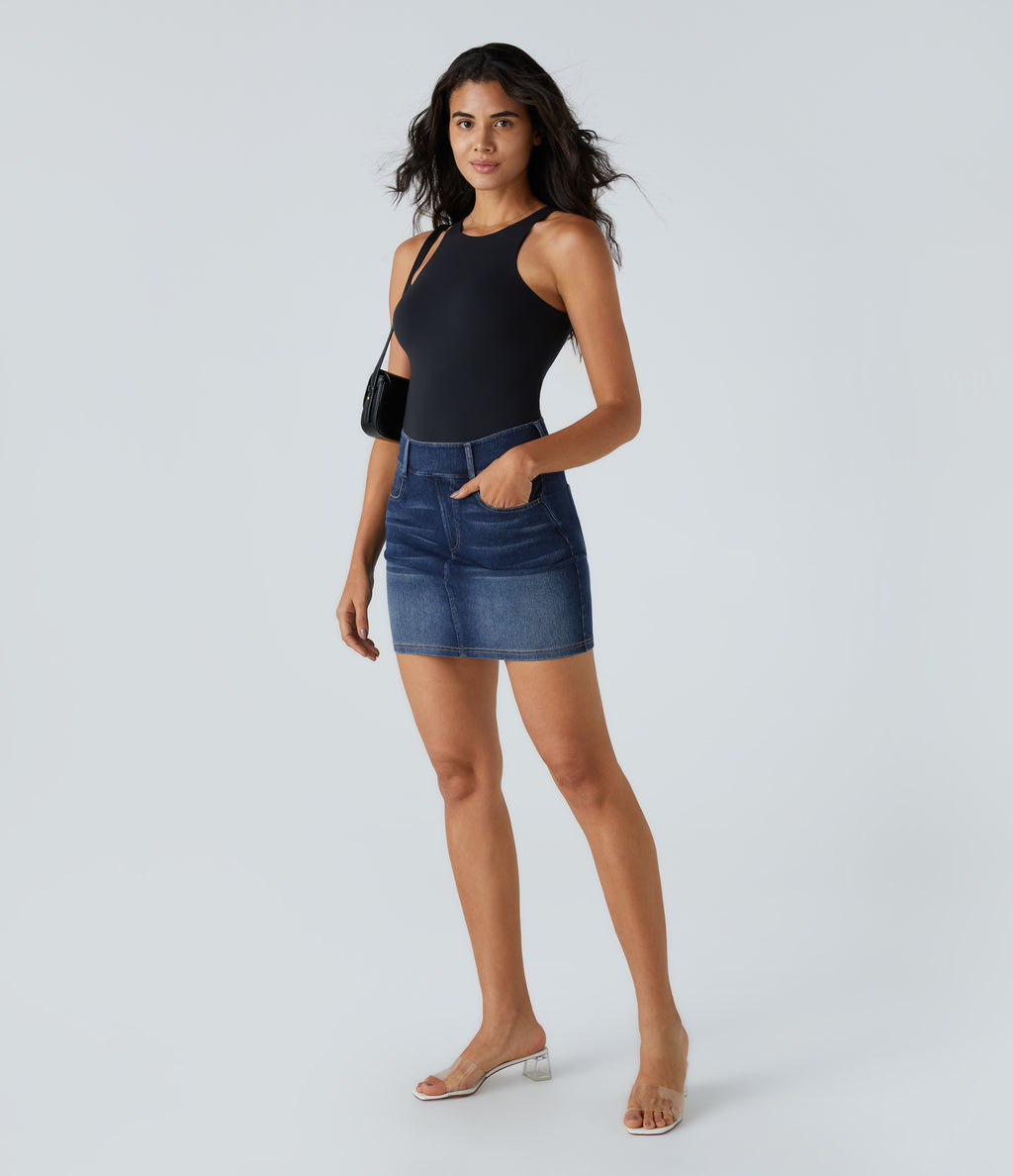 High Waisted Multiple Pockets Bodycon Mini Washed Stretchy Knit Denim Casual Skirt — Bright Blue Denim — view 6
