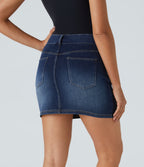 High Waisted Multiple Pockets Bodycon Mini Washed Stretchy Knit Denim Casual Skirt — Bright Blue Denim — view 2